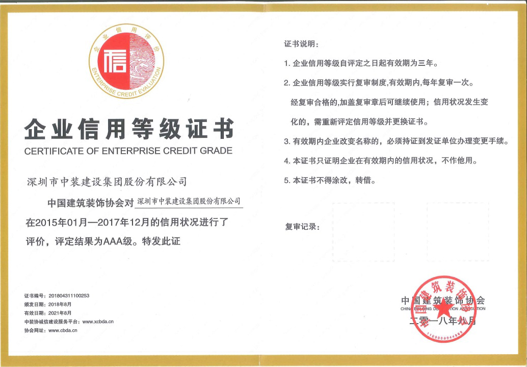 qianyi千亿平台（中国）集团荣获 “中国建筑装饰AAA级信用企业”称号